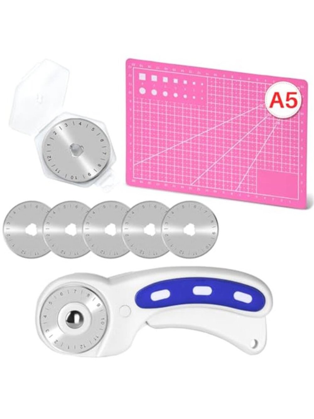 Rotary Cutter Set - 45mm Rotary Cutter, 5 PCS Rotary Blades, A5 Cutting Mat